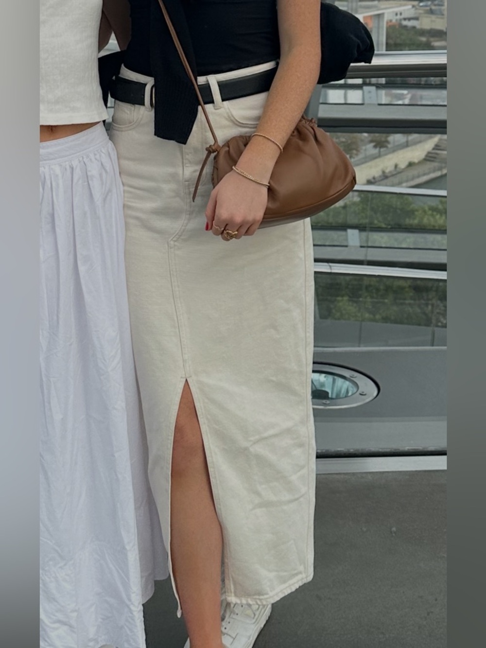 Mango Cream Denim Midi Skirt with Front Slit